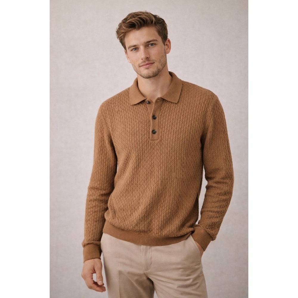 NWT The Commons Mens Textured Knit‎ Long Sleeve Polo Sweater Camel Brown Large